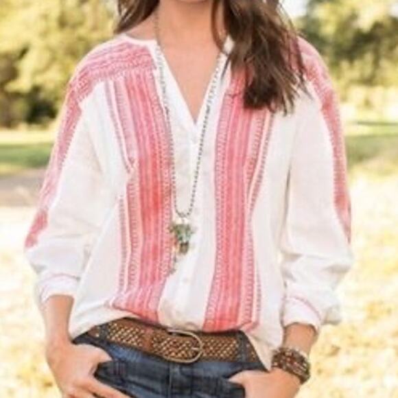 Sundance Women's Red Ikat Print Button Up Blouse Size 14 Petite 100% Cotton Boho - Picture 1 of 6